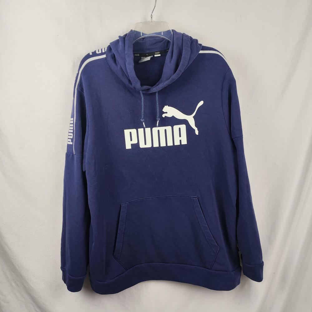 Puma Hoodie Mens Large Blue Pullover Fleece Big Logo Graphic Sweatshirt Top